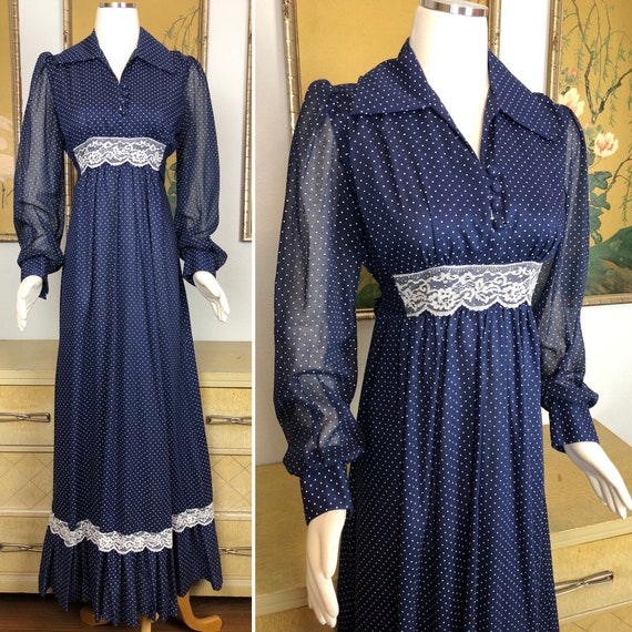 1970s Vintage Boho Style Maxi Dress -- Swiss Dot … - image 1