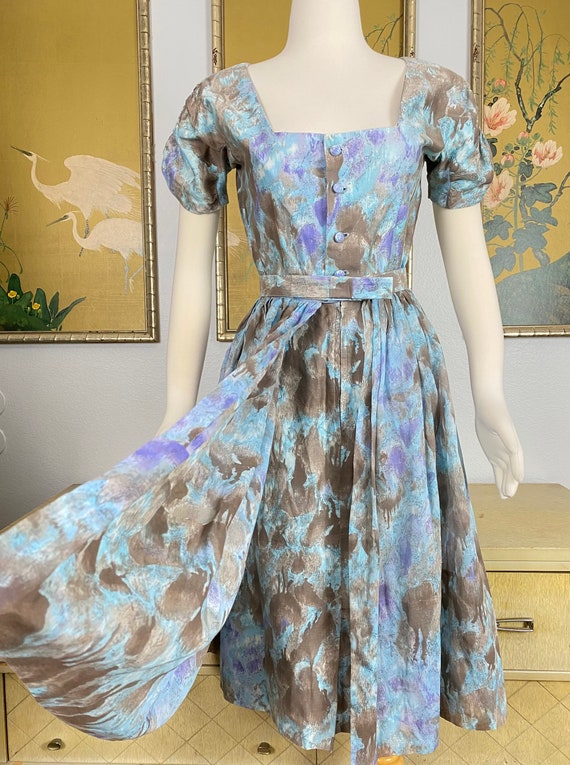 1950s 60s Vintage Watercolor Print Cotton Dress S… - image 2