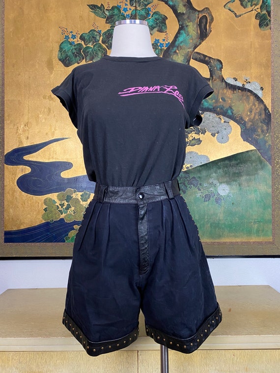 1980s 90s Vintage Black Denim and Leather Shorts … - image 2