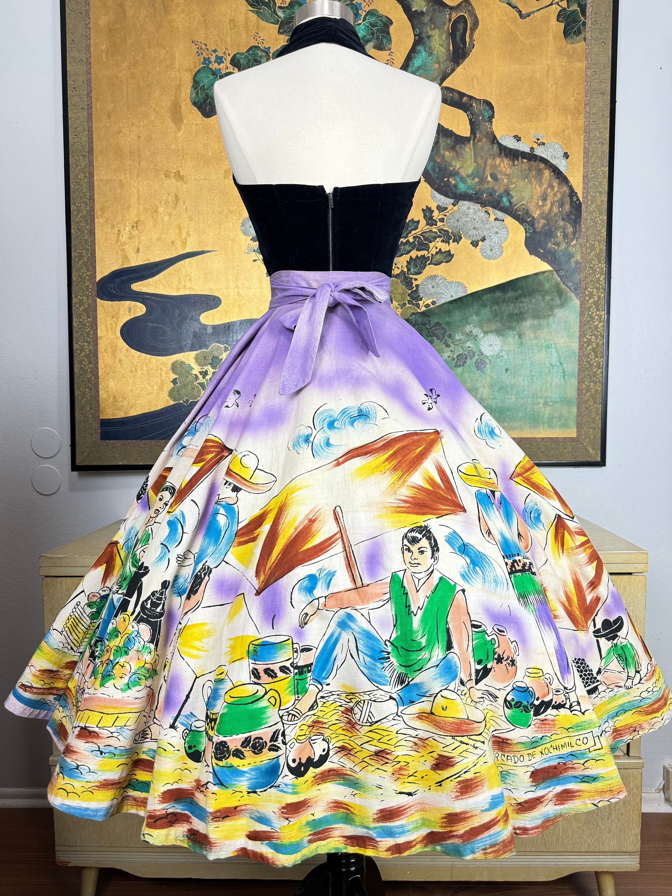 1950s Vintage Hand Painted Mexican Circle Skirt -- Vibrant