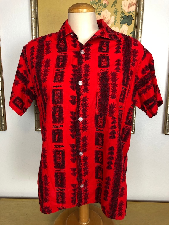 1950s Men's Cotton Hawaiian Shirt -- Bold Tiki Po… - image 2