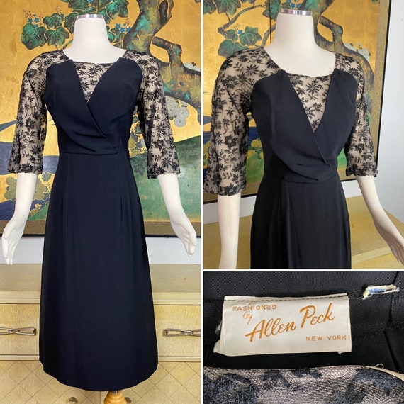 1940s Vintage Black Rayon Dress with Lace Illusio… - image 1