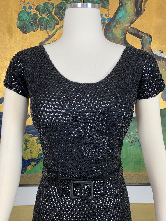 1950s 60s Vintage Black Sequined and Beaded Dress… - image 3