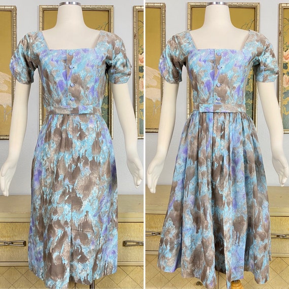 1950s 60s Vintage Watercolor Print Cotton Dress S… - image 3