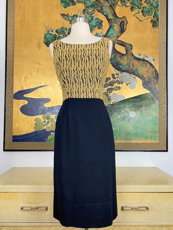 1950s 60s Vintage Gold Lurex and Black Knit Dress… - image 2