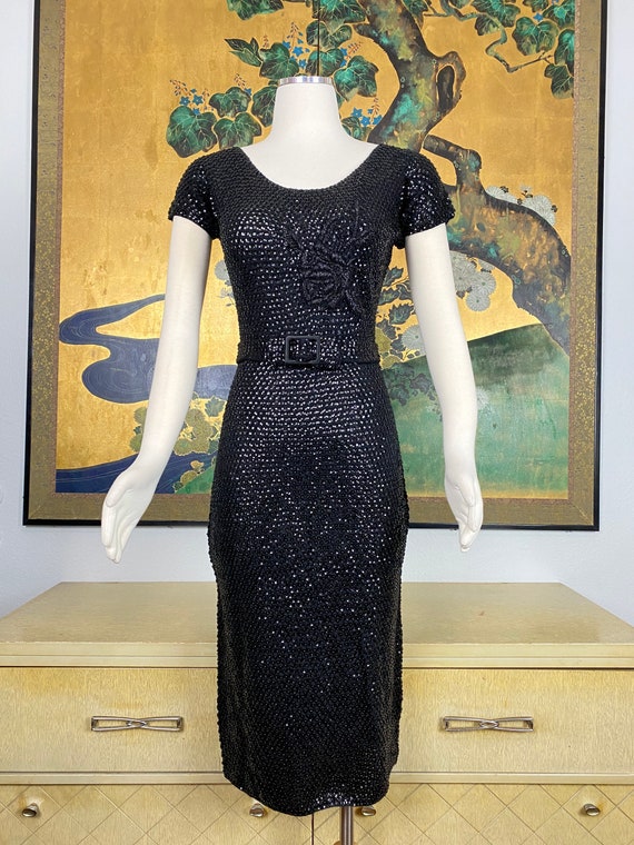 1950s 60s Vintage Black Sequined and Beaded Dress… - image 2