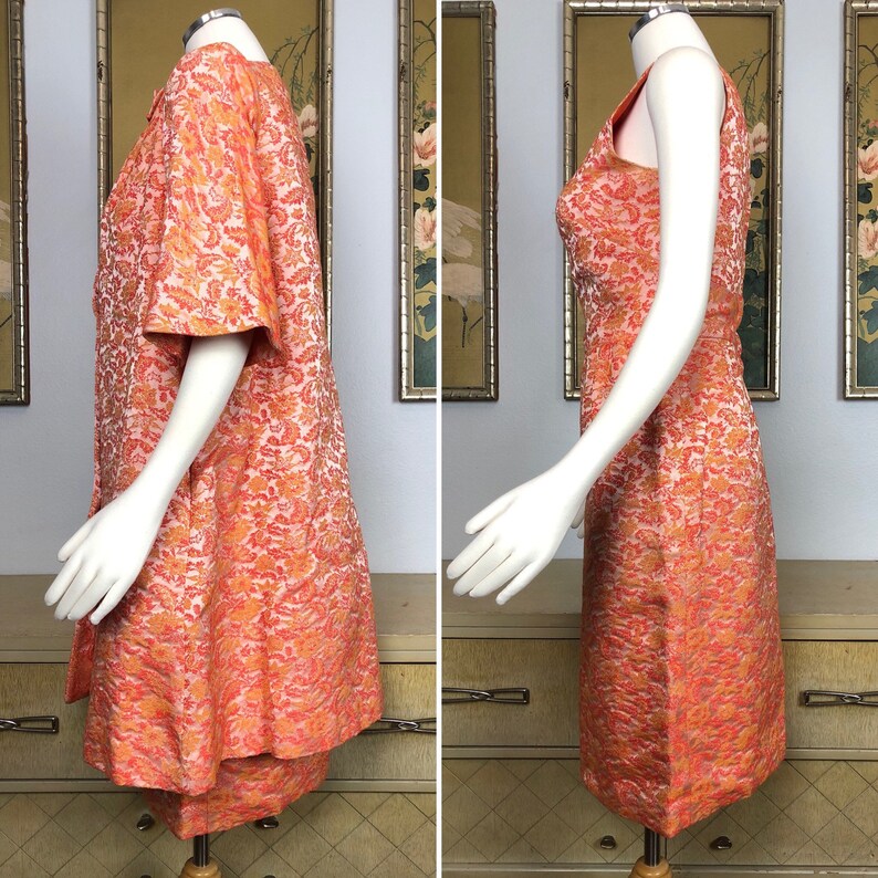 1960s Vintage Dress and Coat Set by Pixie of California Gorgeous Iridescent Brocade in Vibrant Colors!