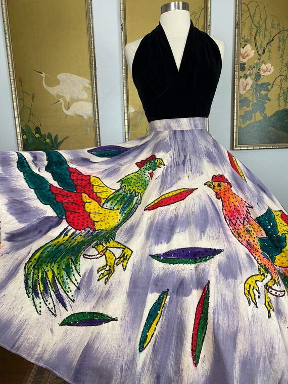 S | 1950s Hand-Painted Mexican Jungle Skirt with Monkeys and Birds main image 0