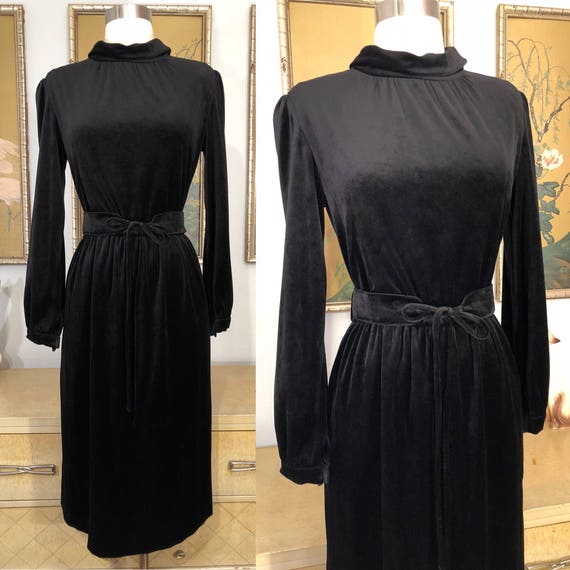 1960s Black Velvet Dress with Matching Tie Belt -- So… - Gem