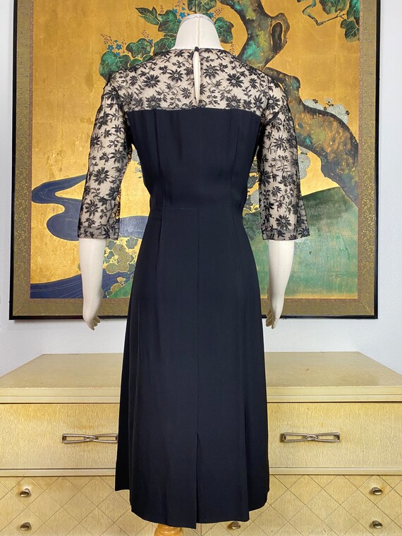 1940s Vintage Black Rayon Dress with Lace Illusio… - image 10