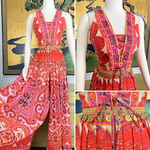 1960s Vintage Paisley Print Jumpsuit -- Fabulous Pleated Palazzo Pants and Coin Trimmed Waist!