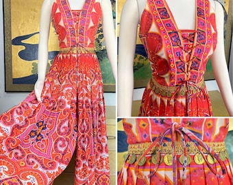 1960s Vintage Paisley Print Jumpsuit -- Fabulous Pleated Palazzo Pants and Coin Trimmed Waist!