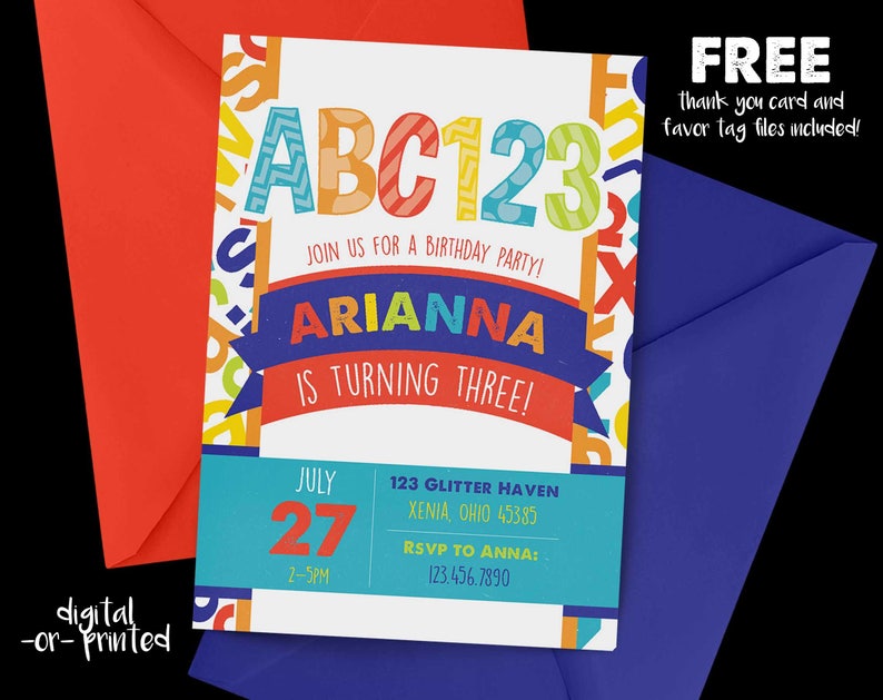 Alphabet Birthday Invitation Abc 123 Rainbow Birthday Etsy