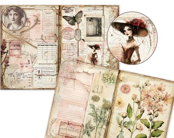 Junk Journal Printable Collage Background Layout Pages Vintage Ephemera Aged Paper Victorian Ledger Style Herbarium