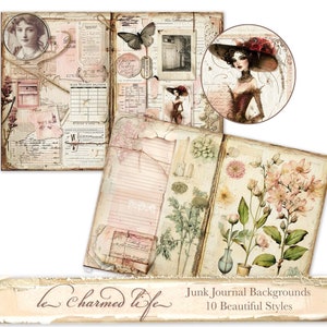 Junk Journal, collage imprimable, arrière-plan, mise en page, pages vintage, herbier de style grand livre victorien en papier vieilli éphémère