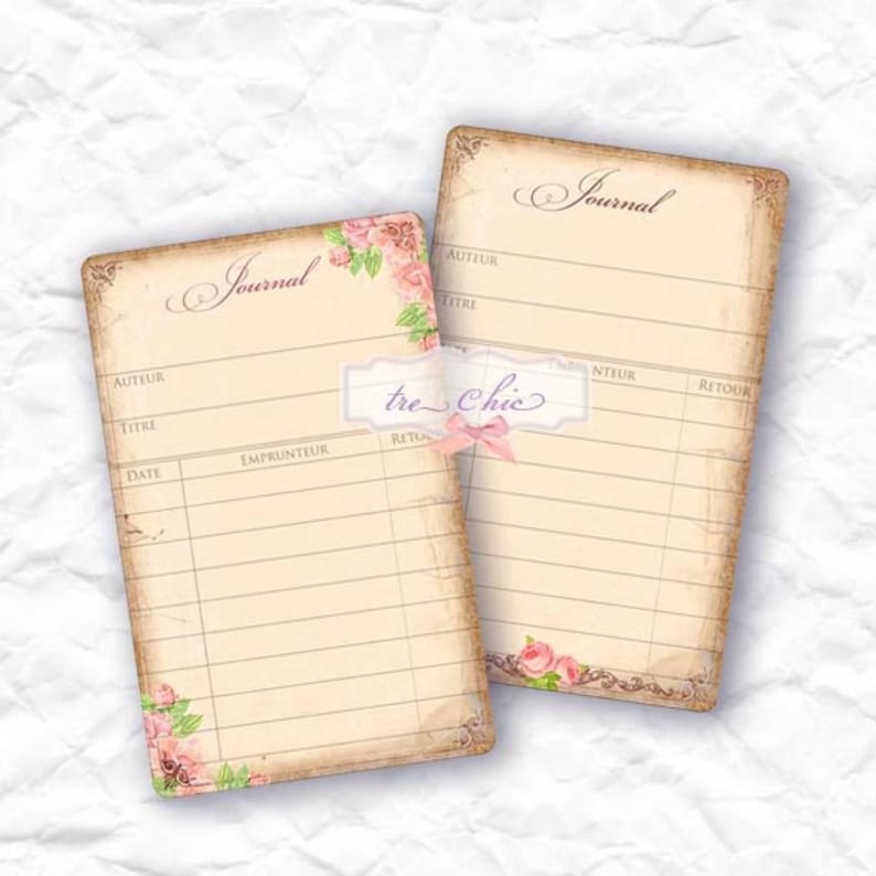 May include: Two vintage-style library card templates with a floral design. The cards have lines for "Author", "Title", "Date", "Borrower", "Return", and "Due Date".