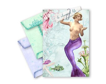 Printable Envelopes Digital Vintage Mermaid Collage Beach Ocean Lavender Sea