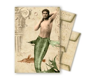 Printable Envelopes Digital Collage Mermaid Merman Mermaid Vintage Ocean Beach