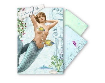 Digital Printable Envelopes Mermaid Collage Vintage Beach Ocean Turquoise Sea Green