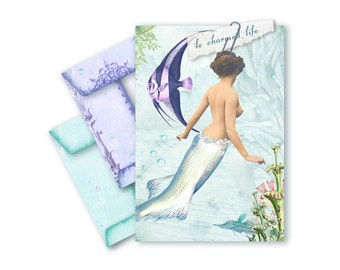 Printable Envelopes Digital Collage Mermaid Vintage Ocean Beach Sea Lavender Aqua