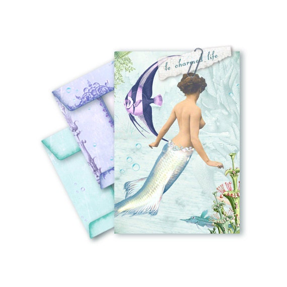 Printable Envelopes Digital Collage Mermaid Vintage Ocean Beach Sea Lavender Aqua