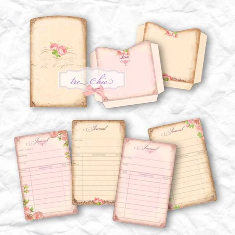 May include: Set of printable vintage journal pages with a pink and cream color scheme. The pages feature a floral design with roses and a handwritten title "Journal".