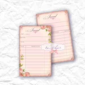 May include: A vintage-style pink journal with a floral design and the word "Journal" in cursive. The journal has a section for the number, author, title, date, and borrower.