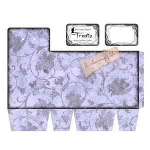 Puede incluir: Una plantilla imprimible para una caja de regalo con un patr&oacute;n floral morado y gris. La caja est&aacute; etiquetada con "Decrepit Earth Treats" y "le charmed life".