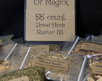 May include: A brown paper bag with the text "A Closet Of Magick 55 count Dried Herb Starter Kit" on it. The bag is sitting on top of a black surface. There are several small clear plastic bags filled with dried herbs in front of the bag. Each bag has a small brown paper label with the text "A Closet of Magick" and the name of the herb.