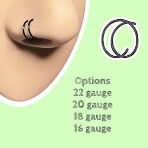 May include: A close-up of a person's nose with black nose rings. The image also shows a graphic of the nose rings and the text "Options" followed by gauge sizes: 22, 20, 18, and 16.