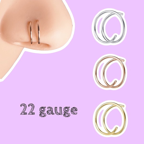22g double hoop nose ring for single piercing 22 gauge Sterling 14k Gold or 14k Rose Gold Custom Sizes 6mm 7mm 8mm 9mm 10mm 11mm 12mm