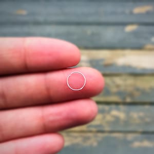 Op de afbeelding: Een kleine, zilverkleurige neusring. De ring is een eenvoudige, dunne cirkel, die op een vingertop rust. De achtergrond is een vage, verweerde houten ondergrond.