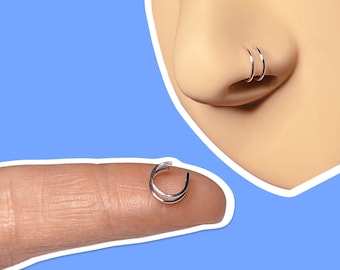 tiny double nose ring, fake piercing hoops, faux body jewelry, lip ring, punk nose rings, clip on nose ring, delicate tiny nose earrings