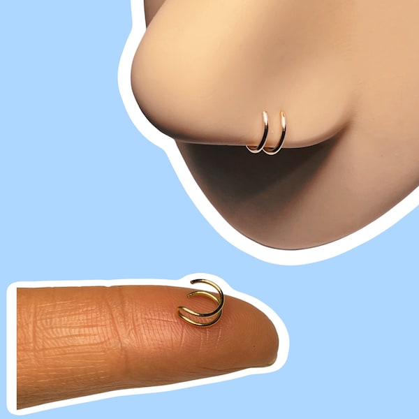 Mini 5mm gold double nose or Tragus hoop, fake piercing hoops, faux body jewelry, clip on nose ring