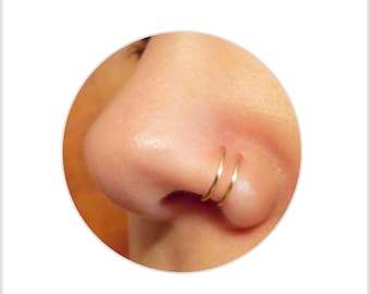 double nose ring, fake piercing hoops, faux body jewelry, lip ring, punk nose rings, clip on nose ring, delicate tiny nose earrings