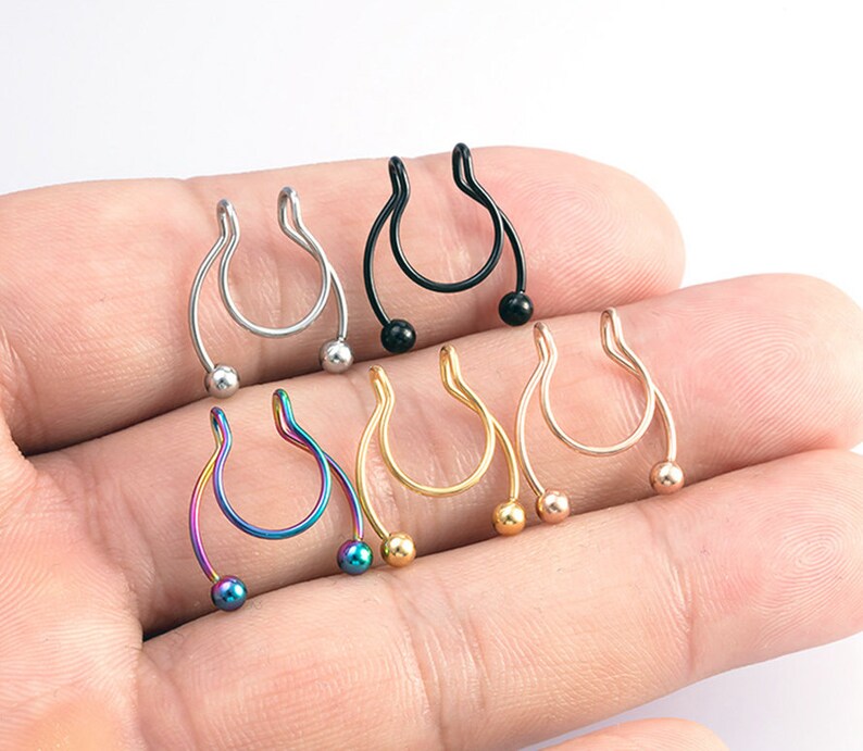 Silver Fake Septum Rings Set of Two Barbells Clip On in Silver Gold Rose Gold Black and Peacock 