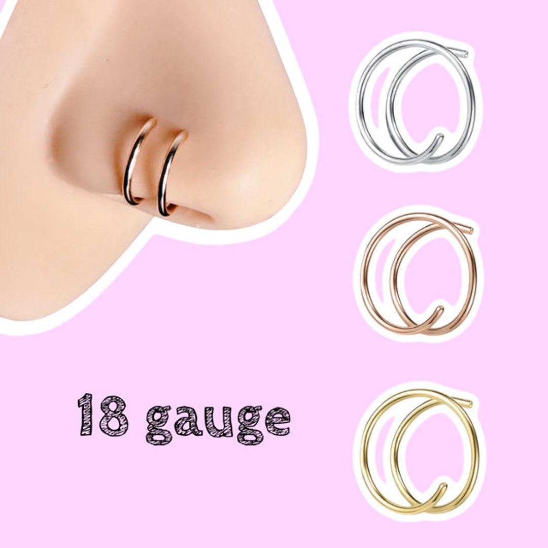 14k Gold Double Nose Ring Hoop for Single Piercing 24 Gauge Thin Spiral  Twist Nose Jewelry Women 7mm