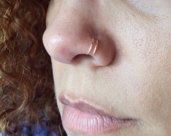Tiny 14K Rose Gold Double Nose Ring Lip Ring Fake Piercing