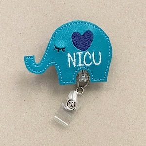 NICU Labor MotherBaby IBCLC  Nurse Retractable Reel ID Badge Holder, featuring Teal Elephant with Navy Heart, made of Wipeable Vinyl