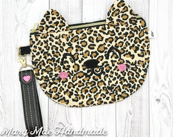 Girls Leopard Print Kitty Cat Purse Zip Top Bag with Wristlet Strap, Fully Lined