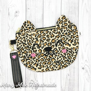 Girls Leopard Print Kitty Cat Purse Zip Top Bag with Wristlet Strap, Fully Lined