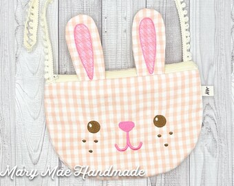 Girls Bunny Purse, Blush Pink Gingham Fabric Lightweight Zip Top Bag, Fun Pompom Strap, Fully Lined