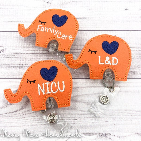 NICU L&D Midwife MotherBaby IBCLC Nurse Retractable Reel ID Badge Holder, featuring Orange Elephant with Navy Heart, made of Wipeable Vinyl