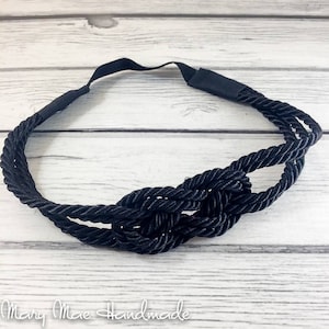 Black Sailors Knot Satin Rope Cording Headband with Stretch Elastic Back