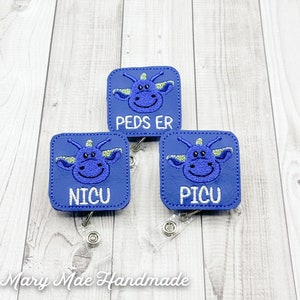 Dragon Pediatric Peds ER Nicu Picu Nurse RT Retractable Reel ID Badge Holder, featuring Blue & Green Cook Childrens Dragon in wipeable vinyl