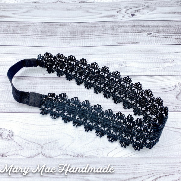 Black Boho Scallop Edge Crocheted Lace Headband Head Wrap with Soft Stretch Back