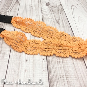 Peach Crocheted Lace Headband Head Wrap with Soft Stretch Back