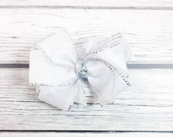 White Shimmer and Silver Edged Organza Fancy Boutique Hair Bow Clip for Girls