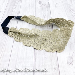 Khaki Boho Wide Crocheted Lace Headband Head Wrap with Soft Stretch Back