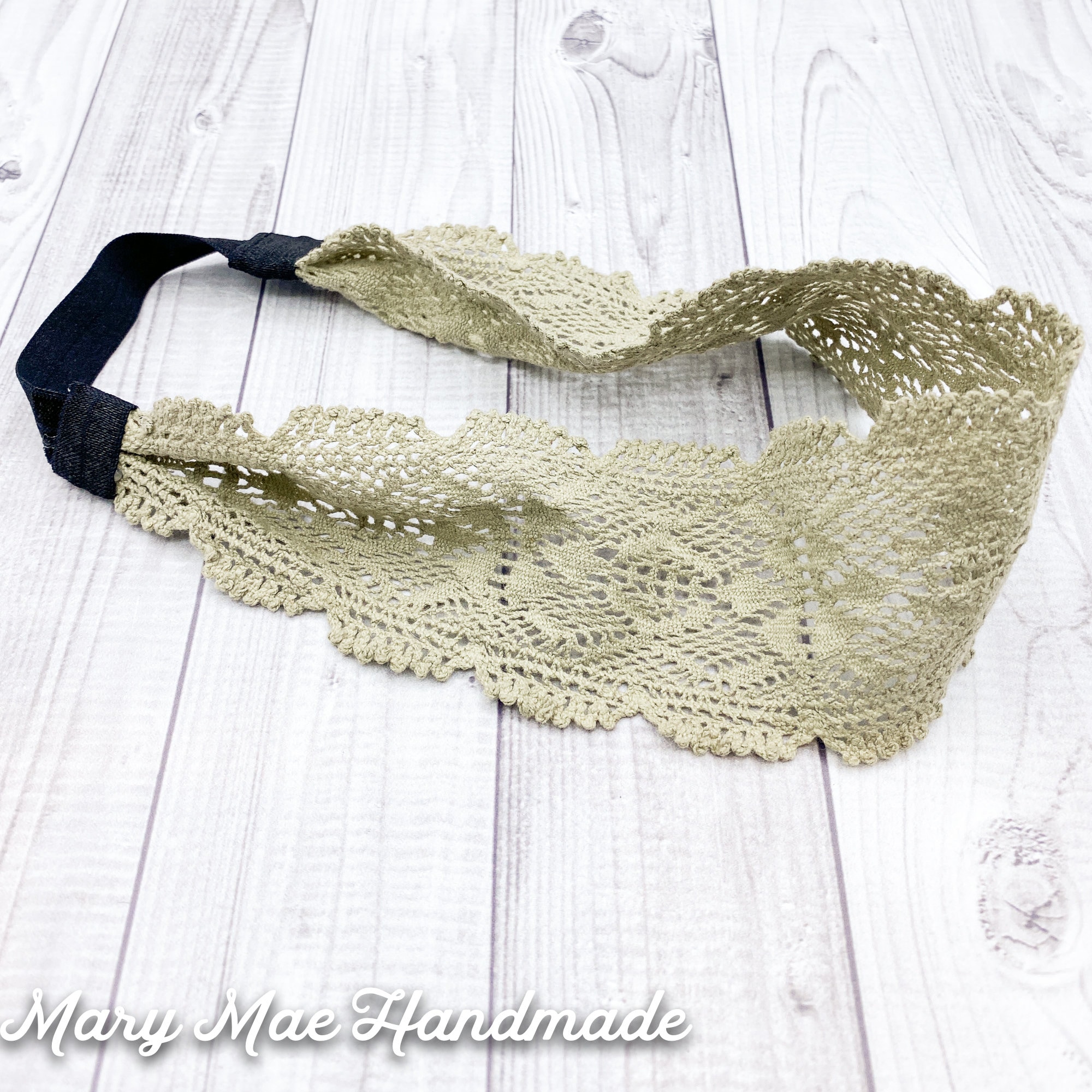 Knit crochet boho chic headband- Khaki Khaki Boho Wide Crocheted Lace Headband Head Wrap With Soft  main image 3